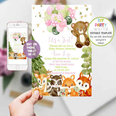 DIY Editable Woodland Animals Baby Shower Invitation Pink 1015 - DIY Party World