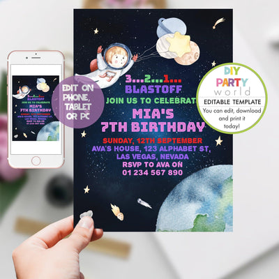 DIY Editable Girls Astronaut Space Birthday Invitation B1002 - DIY Party World