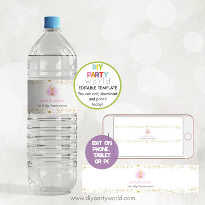 DIY Editable Pink First Holy Communion Water Bottle Label R1002 - DIY Party World