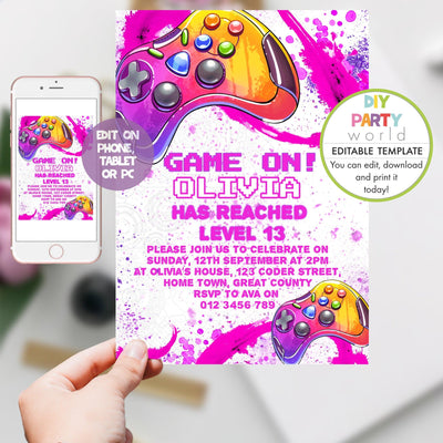 DIY Editable Gamer Birthday Party Invitation Pink B1010 - DIY Party World