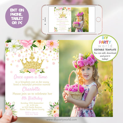 DIY Editable Princess Crown Birthday Photo Invitation 1015 - DIY Party World