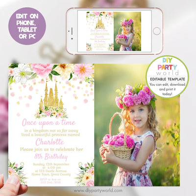 DIY Editable Princess Castle Birthday Photo Invitation 1015 - DIY Party World