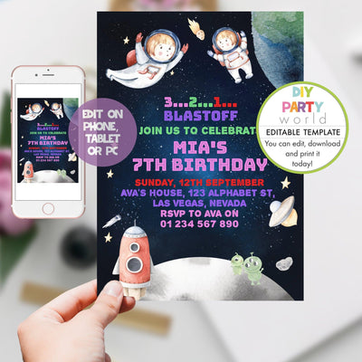 DIY Editable Girls Astronaut Space Birthday Party Invitation B1002 - DIY Party World