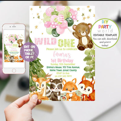 DIY Editable Woodland Animals 1st Birthday Invitation Pink B1011 - DIY Party World