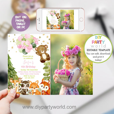 DIY Editable Woodland Animals Birthday Party Photo Invitation Pink B1011 - DIY Party World