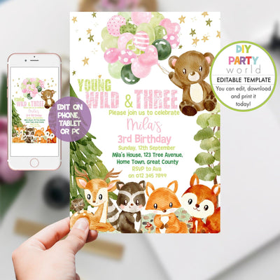 DIY Editable Woodland Animals 3rd Birthday Invitation Pink B1011 - DIY Party World