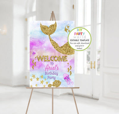 DIY Editable Gold Mermaid Welcome Sign Template B1007 - DIY Party World