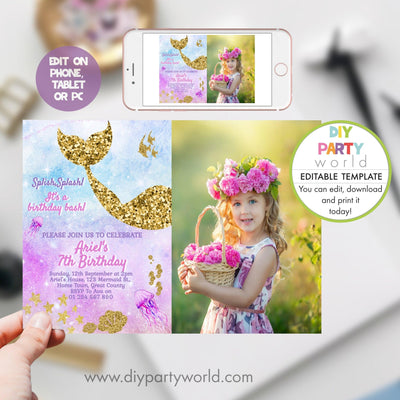 DIY Editable Gold Mermaid Birthday Photo Invitation B1007 - DIY Party World