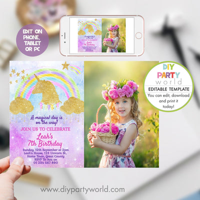 DIY Editable Gold Unicorn Birthday Party Photo Invitation B1006 - DIY Party World