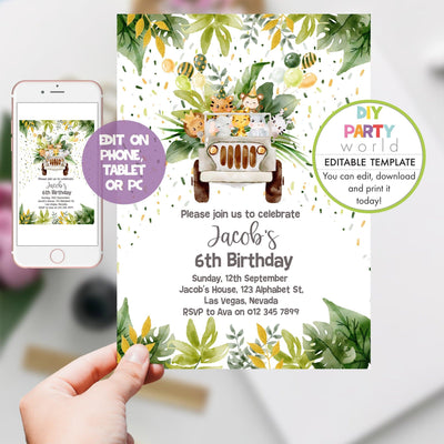 DIY Editable Safari Animals in Jeep Birthday Invitation Template B1005 - DIY Party World