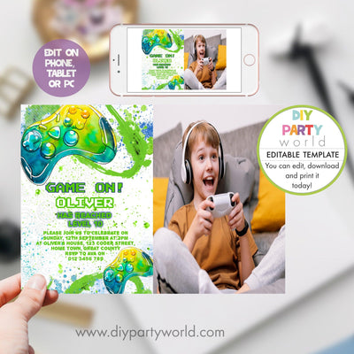 DIY Editable Gamer Birthday Party Photo Invitation Green B1010 - DIY Party World