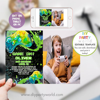 DIY Editable Gaming Birthday Party Photo Invitation Green B1010 - DIY Party World