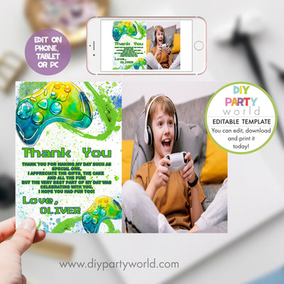 DIY Editable Gamer Birthday Party Photo Thank You Card Green B1010 - DIY Party World
