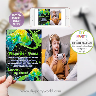 DIY Editable Gaming Birthday Party Photo Thank You Card Green B1010 - DIY Party World