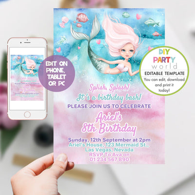 DIY Editable Pink Mermaid Birthday Invitation B1007 - DIY Party World