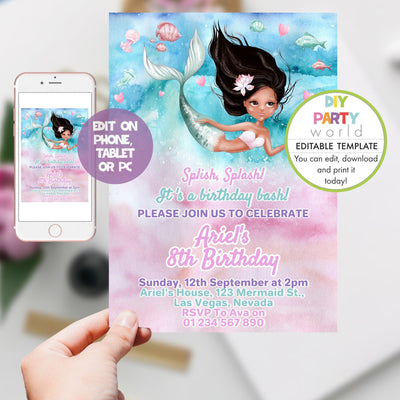 DIY Editable Mermaid Birthday Invitation Template B1007 - DIY Party World