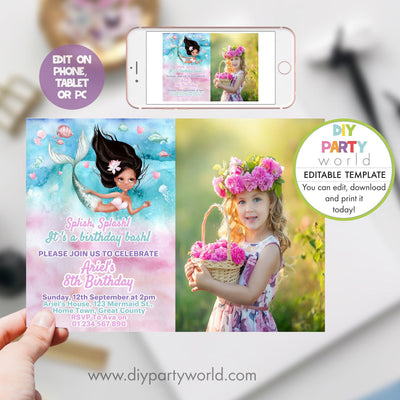 DIY Editable Mermaid Birthday Party Photo Invitation B1007 - DIY Party World