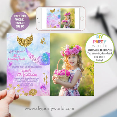 DIY Editable Mermaid Birthday Photo Invitation B1007 - DIY Party World