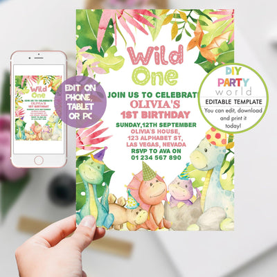 DIY Editable Pink Dinosaur Wild One 1st Birthday Party Invitation B1001 - DIY Party World