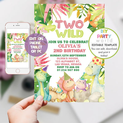 DIY Editable Pink Dinosaur Two Wild 2nd Birthday Party Invitation B1001 - DIY Party World