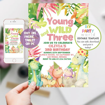 DIY Editable Pink Dinosaur Young Wild and Three 3rd Birthday Party Invitation B1001 - DIY Party World