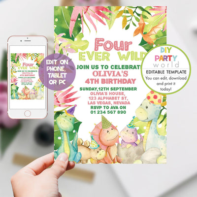 DIY Editable Pink Dinosaur Four Ever Wild 4th Birthday Party Invitation B1001 - DIY Party World