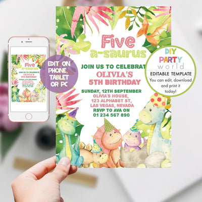 DIY Editable Pink Dinosaur Five a Saurus 5th Birthday Party Invitation Template B1001 - DIY Party World