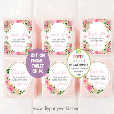 DIY Editable Pink Floral Party Favour Tags 1013 - DIY Party World