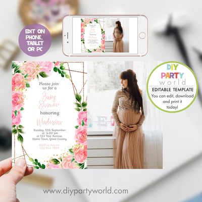 DIY Editable Baby Shower Photo Invitation Pink Floral 1013 - DIY Party World