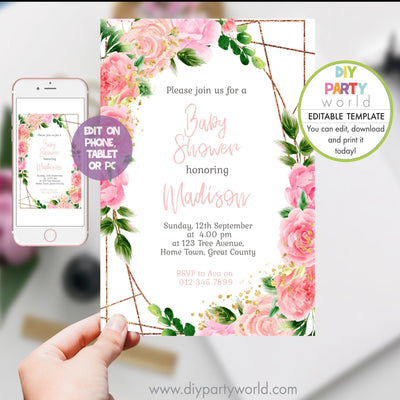 DIY Editable Baby Shower Invitation Pink Floral 1013 - DIY Party World