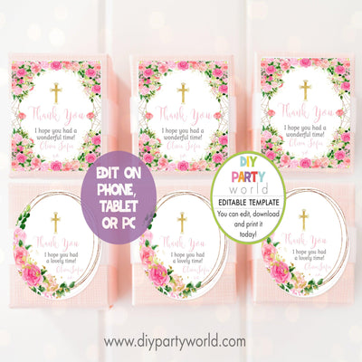 DIY Editable Pink Floral Party Favour Tags Gold Cross R1005 - DIY Party World