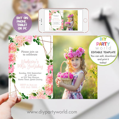 DIY Editable Pink Floral Birthday Photo Invitation 1013 - DIY Party World