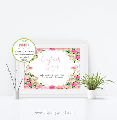 DIY Editable Pink Floral Custom Party Sign Landscape 1013 - DIY Party World