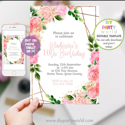 DIY Editable Pink Floral Birthday Invitation 1013 - DIY Party World