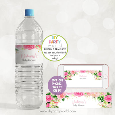 DIY Editable Pink Floral Party Water Bottle Label 1013 - DIY Party World