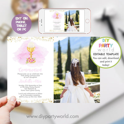 DIY Editable Pink First Holy Communion Photo Invitation R1002 - DIY Party World