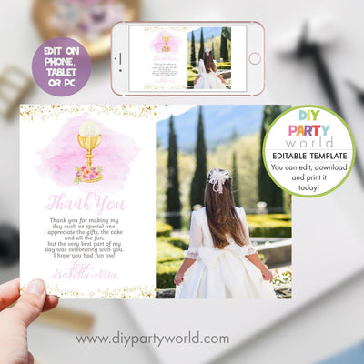 DIY Editable Pink First Holy Communion Photo Thank You Card R1002 - DIY Party World