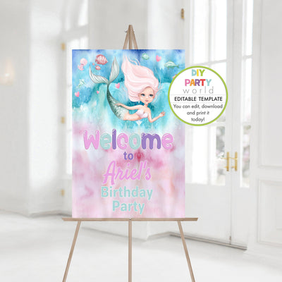 DIY Editable Pink Mermaid Welcome Sign Template  B1007 - DIY Party World