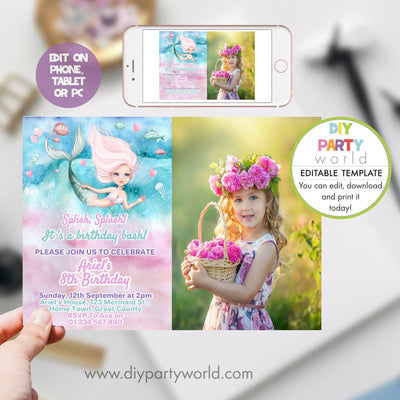 DIY Editable Pink Mermaid Birthday Photo Invitation B1007 - DIY Party World