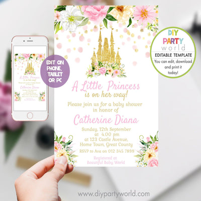 DIY Editable Princess Castle Baby Shower Invitation 1015 - DIY Party World