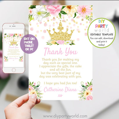DIY Editable Princess Crown Baby Shower Thank You Card 1015 - DIY Party World