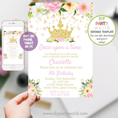 DIY Editable Princess Crown Birthday Invitation 1015 - DIY Party World