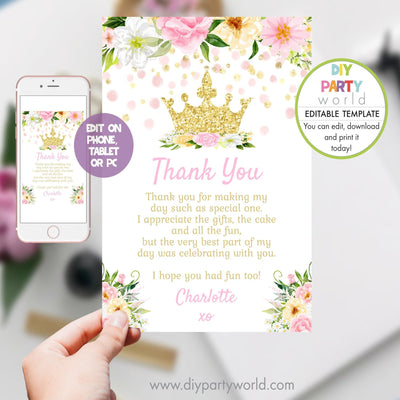 DIY Editable Princess Crown Thank You Card 1015 - DIY Party World