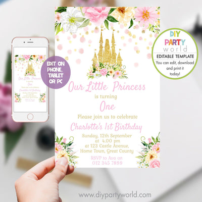 DIY Editable Princess Castle First Birthday Invitation 1015 - DIY Party World