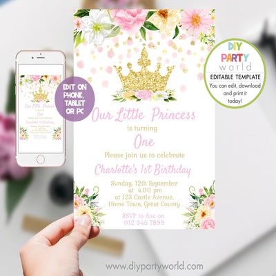 DIY Editable Princess Crown 1st Birthday Invitation 1015 - DIY Party World