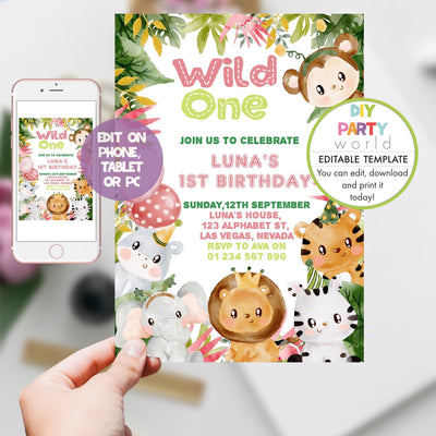 DIY Editable Pink Safari Animals Wild One 1st Birthday Party Invitation B1005 - DIY Party World