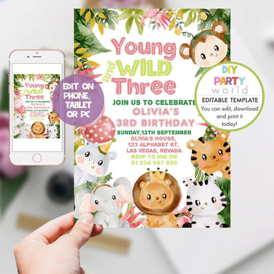 DIY Editable Pink Safari Animals Young Wild and Three 3rd Birthday Party Invitation B1005 - DIY Party World