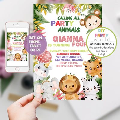 DIY Editable Pink Safari Animals Birthday Party Invitation B1005 - DIY Party World