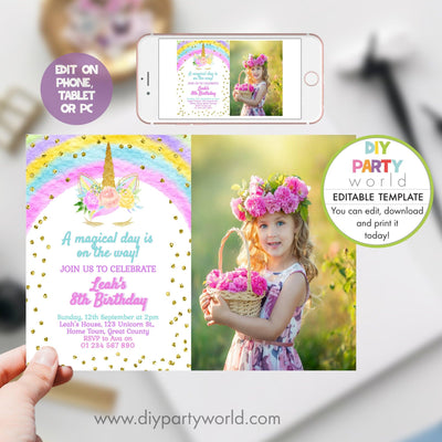 DIY Editable Rainbow Unicorn Birthday Party Photo Invitation B1006 - DIY Party World