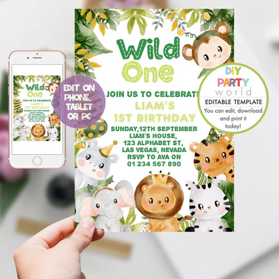 DIY Editable Safari Animals Wild One 1st Birthday Party Invitation B1005 - DIY Party World
